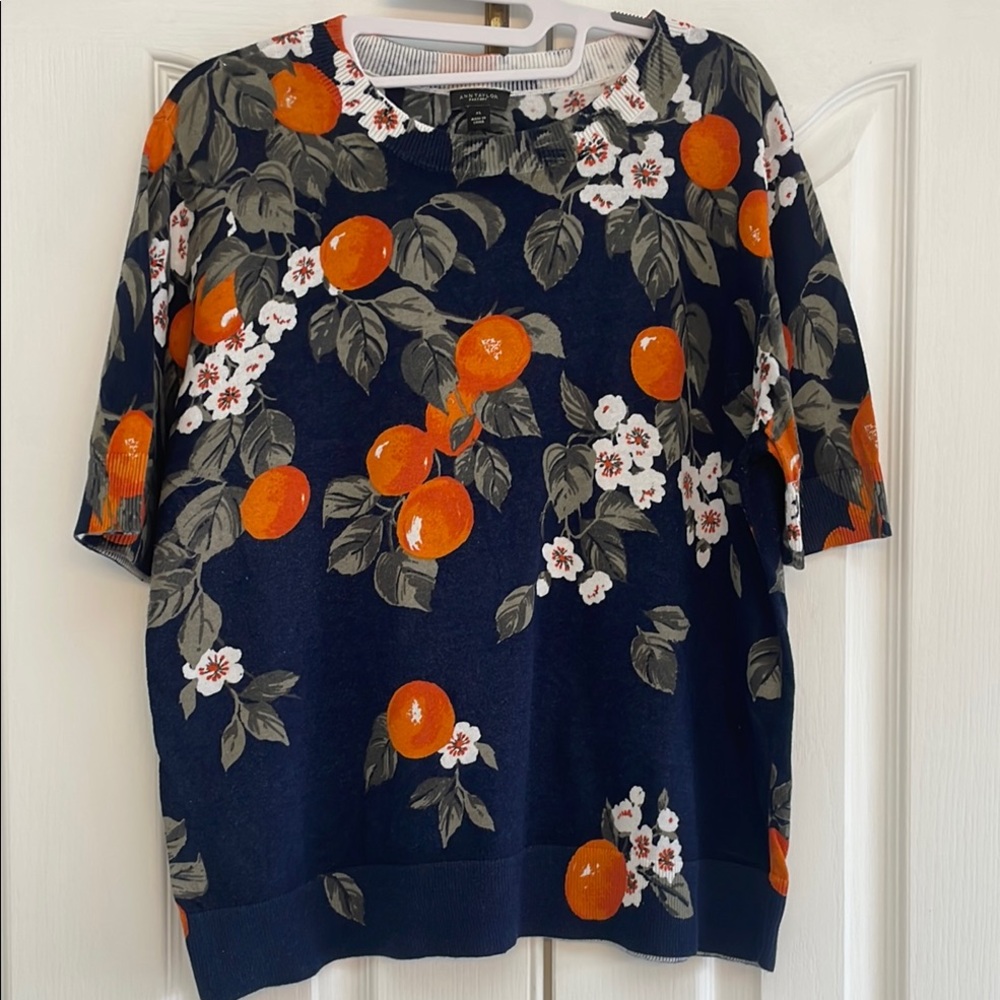 Ann Taylor Short Sleeve Sweater Navy Floral and Orange Print Women's Top